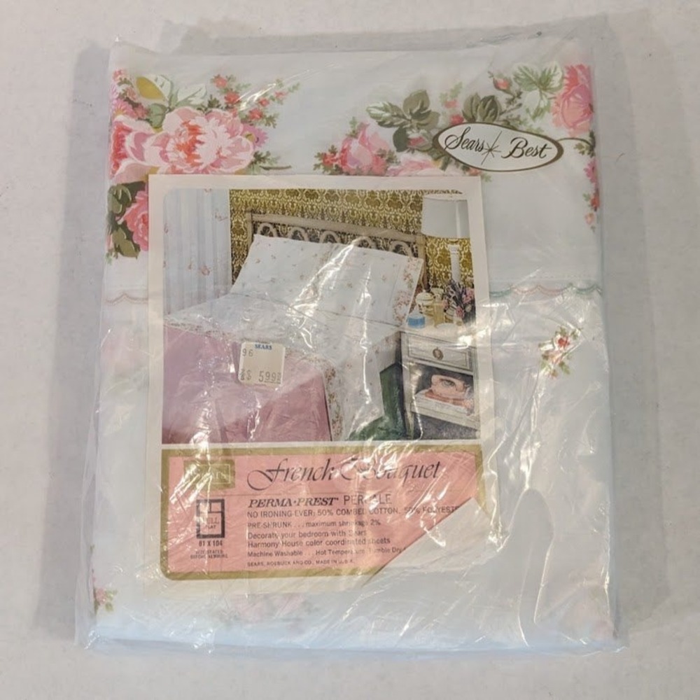 Vtg Sears Best French Bouquet Full Flat Sheet Floral Pink Scalloped Percale New